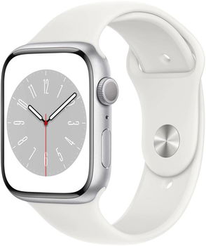 Apple Watch 8, GPS, Carcasa Silver Aluminium 45mm, White Sport Band