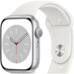 Smartwatch Apple Watch S8, ecran LTPO OLED, Bluetooth, Wi-Fi, GPS, Bratara Silicon 45mm, Carcasa aluminiu, Rezistent la apa 5ATM (Alb) , Apple