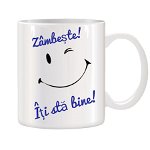 Cana alba ceramica personalizata cu mesajul Zambeste! Iti sta bine!, 330 ml, 