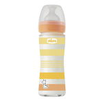 Biberon din sticla Chicco Wellbeing, 240ml, tetina silicon, flux lent, unisex, 0luni+, Chicco