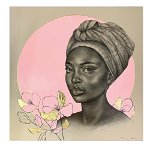 Tablou portret carbune femeie africana cu turban si flori, roz 1323 - Material produs:: Poster pe hartie FARA RAMA, Dimensiunea:: 40x40 cm, 