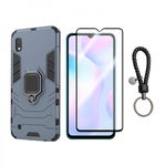 Set protectie 2 in 1 pentru Xiaomi Redmi 9A cu husa hybrid antisoc cu stand inel si folie sticla ceramica fullsize si breloc cadou, dark blue, krasscom