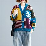 Jacheta de toamna pentru femei, model nou in stil vintage, pulover calduros cu imprimeu, din tricot, Neer