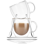 Set 2 cani cu pereti dubli cu 2 farfurioare si 2 lingurite, Quasar & Co, model rotund, termorezistenta, 250 ml, sticla, transparent