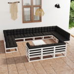 Set mobilier gradina cu perne vidaXL, 14 piese, alb, lemn masiv de pin, 70 x 70 x 67 cm, 66.9 kg