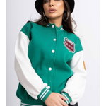 Jacheta Dama din Bumbac Vatuit Verde cu Maneci Albe Model Baseball, 