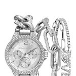 Ceasuri Femei I TOUCH Kendall Kylie Glass Crystal Watch Double Bracelet 2-Piece Set 35mm Silver