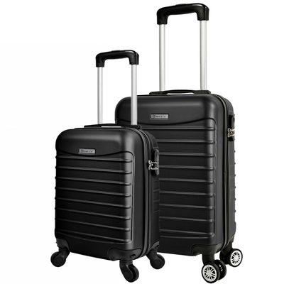Set 2 trolere cabina, Quasar & Co.®, 40x30x20 cm cu roti detasabile si 55x36x20 cm, bagaj de mana, troller cu fermoar antifurt, cifru, maner telescopic lung, geamantan 4 roti duble 360°, valiza ABS 2.8 mm rezistent, 10kg, LINE, Negru