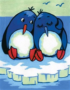 Set goblen imprimat cu ață și ac – Pinguini îndrăgostiți, 14 x 18 cm