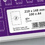 Etichete autoadezive A4, 210 x 148 mm, 2 etichete / coala A4, 1 top, 100 coli/top