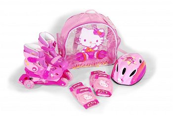 Role copii Saica reglabile 31-34 Hello Kitty cu protectii si casca in ghiozdan, Saica