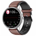 Smartwatch iSEN Watch M3 Silver cu bratara maro inchis de piele, 1.3" Touchscreen, Bt Call, IP68, 240mAh, HR, Tensiune, Notificari, Muzica