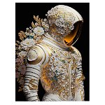 Tablou costum astronaut cu ornament flori, alb, galben 1627 - Material produs:: Tablou canvas pe panza CU RAMA, Dimensiunea:: 80x120 cm, 