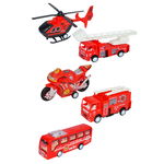 Set 5 masinute Karemi, seria de stingere a incendiilor, cu elicopter, motocicleta, autobuz, 2 x masina de pompieri, rosii, Karemi