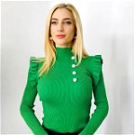 Bluza casual Elisa, cu nasturi decorativi si volane ample, Verde, Marime S/M, FashionForYou