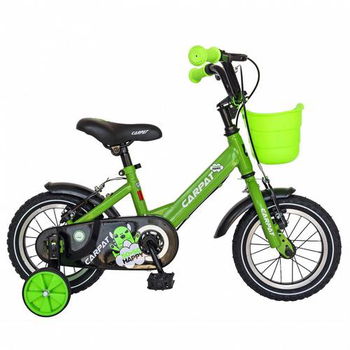 Bicicleta baieti, Carpat C1201C, 12inch, V-Brake, cosulet, roti ajutatoare, verde/negru, 2-4ani, mon