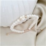 Bratara Perle - Inima personalizata din Aur Galben 9K - Model cu sirag perlat si snur reglabil, Chic Bijoux