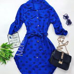 Rochie ieftina casual stil camasa albastru si negru cu stelute si cordon in talie