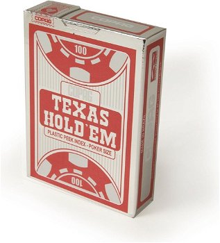 Carti de joc poker, Texas Hold'em, profesionale, 100% plastic, index mare + peek index, culoare spate rosu, Cartamundi