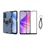 Set protectie 2 in 1 pentru Oppo A54s (4G) cu husa hybrid antisoc cu stand inel si folie sticla ceramica fullsize si breloc cadou dark blue, krasscom