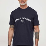Armani Exchange tricou din bumbac barbati, culoarea albastru marin, cu imprimeu, Armani Exchange