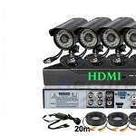 Sistem supraveghere CCTV, kit DVR 4 camere exterior/interior, pachet complet, HDMI, internet, vizionare pe smartphone, Red Prod Online Mag