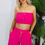 Compleu bumbac Eclipsing, cu pantaloni scurti si top cu detalii aurii metalice, Fucsia, FashionForYou