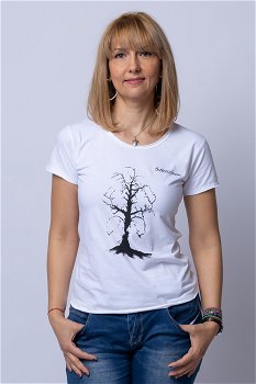Tricou alb cu imprimeu grafic copac, din bumbac, Shopika