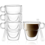Set 4 cesti cu pereti dubli cu 4 lingurite, Quasar & Co.® suprapozabile, sticla termorezistenta, transparent, 250 ml