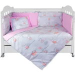 Set Lenjerie cu 6 piese 60/120 cm, bumbac 100%, Pink Bunnies - Roz/Gri, Pufinas