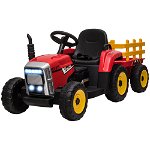Tractor electric pentru copii cu remorcă detașabilă, baterie reîncărcabilă 12V cu telecomandă, lumini, pentru 3-6 ani, roșu HOMCOM | Aosom RO, HOMCOM