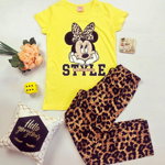 Pijama dama ieftina din bumbac cu pantaloni lungi animal print si tricou galben cu imprimeu MM Style