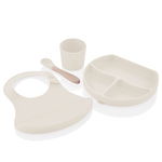 Set diversificare 4 piese din silicon babyjem: bavetica, farfurie, lingurita si pahar (culoare: ecru), BabyJem
