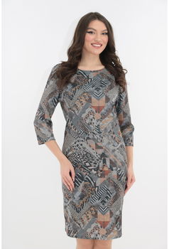 Rochie office cu model abstract gri-bej