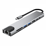 Adaptor HUB multiport 8 in 1 USB Type-C la 2 x USB HDMI 4K 30Hz 2 x USB-C RJ45 Cititor de carduri SD / TF PD 87W pentru MacBook Chromebook USB-C laptop argintiu, krasscom