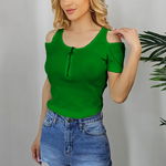 Tricou dama Inga, cu textura striata, umeri goi si fermoar scurt, Verde smarald, Marime universala S/M, FashionForYou