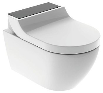 Set vas WC suspendat Geberit AquaClean Tuma Comfort capac inchidere lenta functie bideu electric ornament sticla neagra, Geberit