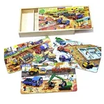 Puzzle 4 in 1 din lemn in cutie cu tematica – Vehicule santier, WD9003B RCO®, Rco