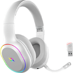 Casti over-ear AQIRYS Lyra, sistem de sunet 3D Stero, Dual wireless si cu fir, BT cu microfon flexibil, interfata USB 2.0, durata baterie pana la 27h, frecventa 20 Hz - 20Hz, cu iluminare RGB, albe