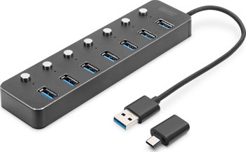 HUB USB Digitus Hub USB 3.0/Hub 7 porturi Adaptor USB A + USB-C 5Gbps cu comutatoare, aluminiu, activ, Digitus