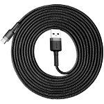 Cablu de date, Baseus Cafule CATKLF-UG1, USB la USB-C, Quick Charge, 2A, Lungime 3 m, Negru/Gri, Tip snur acoperit cu nailon