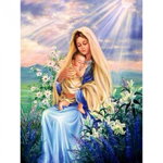 Tablou GM511, Maica Domnului cu Pruncul Iisus si Crini albi, cu rama de lemn, Pictura cu Diamante, Goblen cu pietre 5D, 40 x 50 cm, Krista