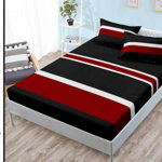 Husa de pat cu elastic 180x200 din Bumbac Finet + 2 Fete de Perna - Negru Rosu Alb, ELEGANT HOME PUCIOASA