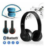 Casti wireless P47, Stereo Headphones, Fm Radio, MP3 Player, Microfon incorporat, Port Micro SD, Negru, 