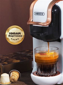 Espressor universal 5in1 HiBREW H2B, 19 bar, 1450W, 600ml, Thermoblock, Compatibil cu capsule Nespresso, Dolce Gusto, KCup, plicurile ESE si cafea macinata, Alb, HiBREW