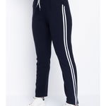 Pantaloni sport dama marimi mari din bumbac navy drepti cu 2 dungi laterale