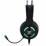 Casti Gaming T-DAGGER Andes Black, Stereo, Iluminare verde, 2x Jack 3.5mm, TRS, Difuzoare 40mm, Cablu 2m