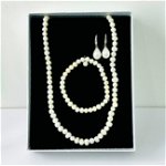 Set accesorii Precious Pearls, colier, cercei și brățară din perle de cultură, in cutie cadou, Alb, 