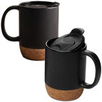 Set 2 cani cafea/ceai, Quasar & Co., pretabile voiaj/calatorie, cu capac to go, baza de pluta, ceramica, 400 ml, negru