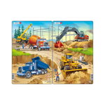 Set 2 Puzzle midi Constructii II, camion, macara, betoniera si excavator, buldozer, orientare tip portret, 20 piese, Larsen, Larsen